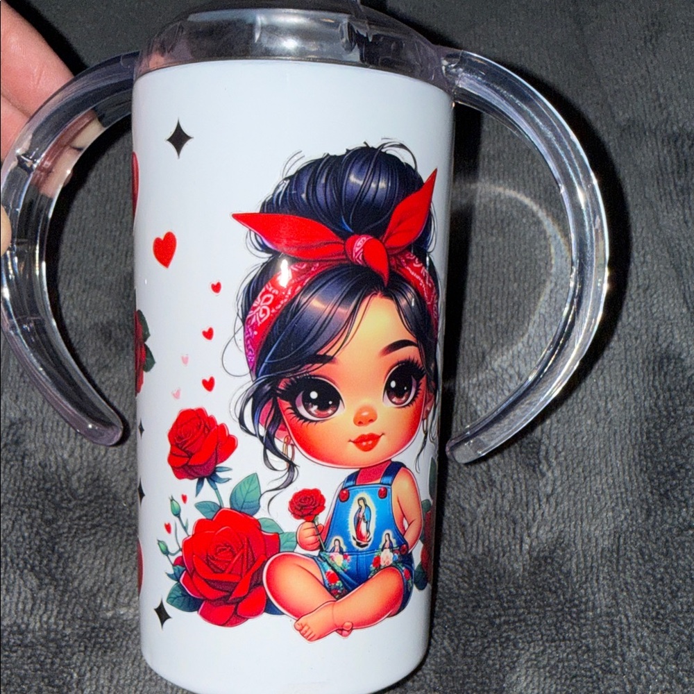 Kids Sippy Cup with Cute Girl and Red Rose Design - White & Red